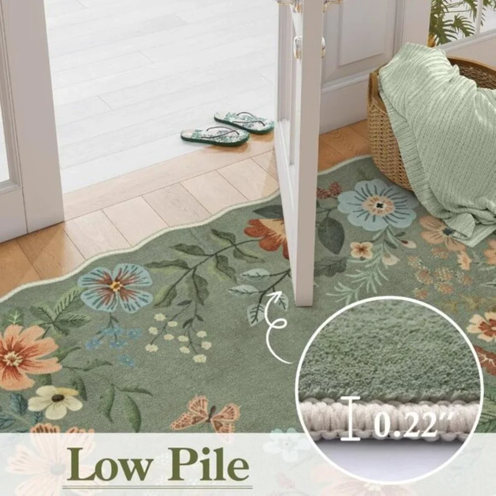 New 2x3 Floral Entryway Mat, Washable Ultra-Thin Non-Slip Area Rug - Green